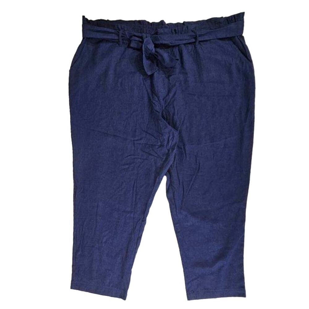 G by Giuliana Black Label Linen Blend Pants Size 3X‎ Navy Belted Elastic Ankle
